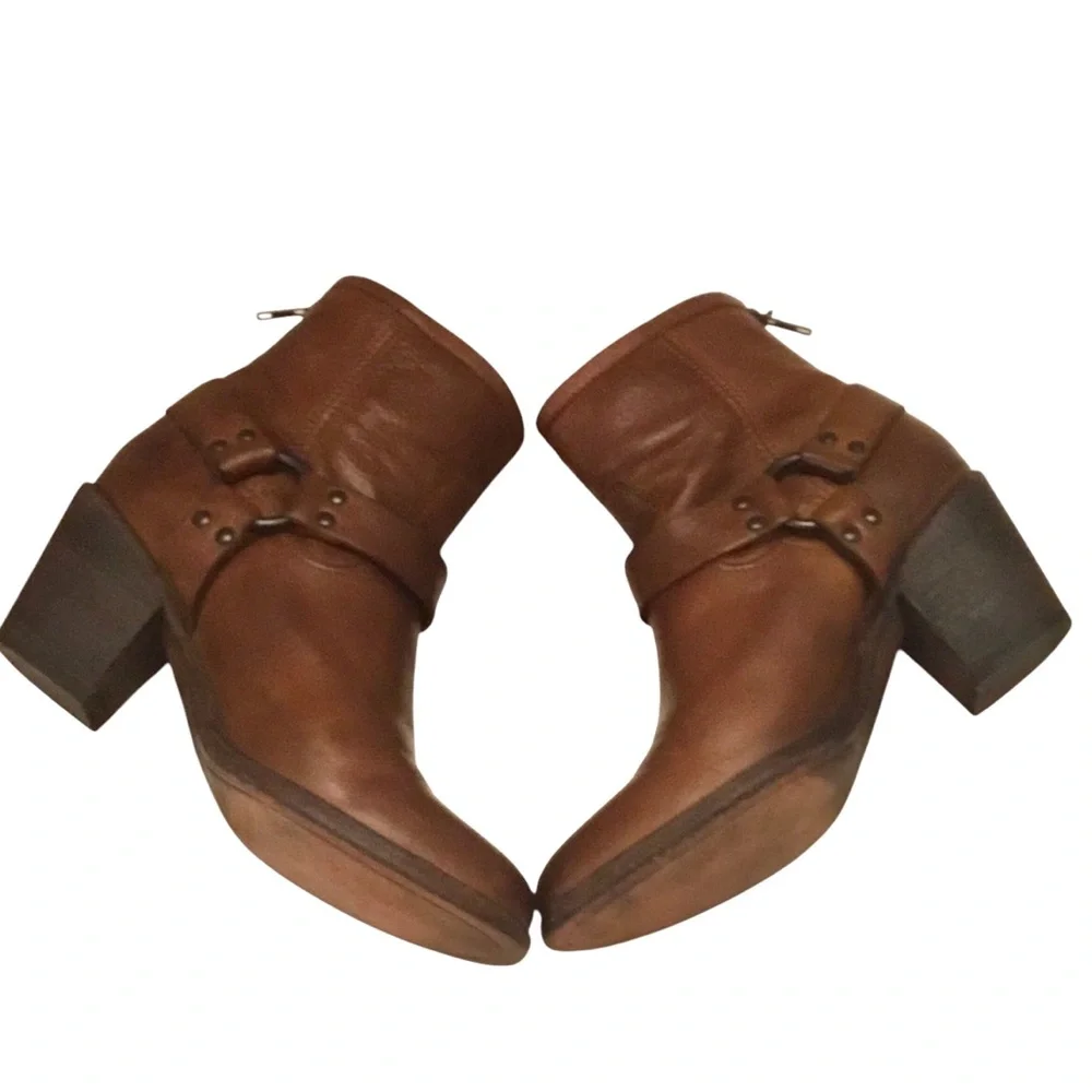 Frye Tabitha Brown Leather Short Ankle Boots Moto Harness Stacked Heel Size-8.5